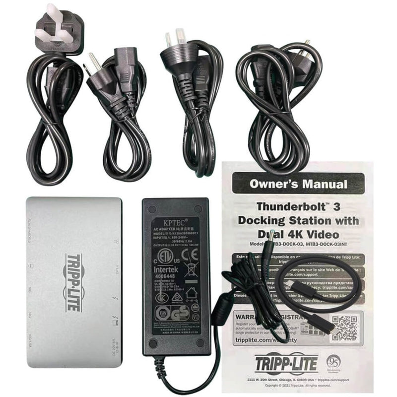 Complete package contents including dock, cables, and manual