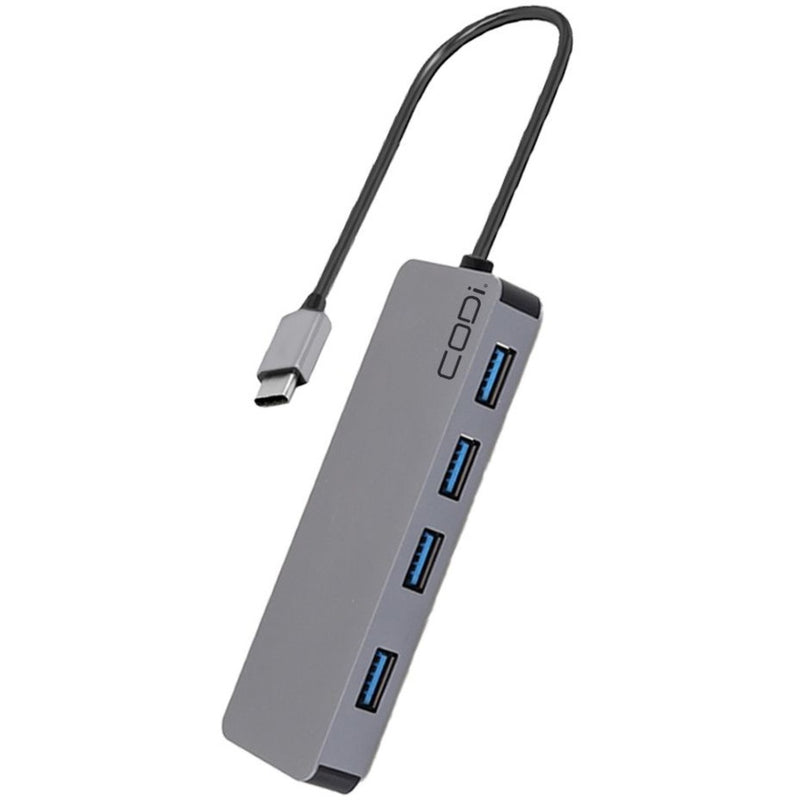 CODi USB-C hub featuring four USB 3.0 ports in space gray aluminum finish with attached USB-C cable