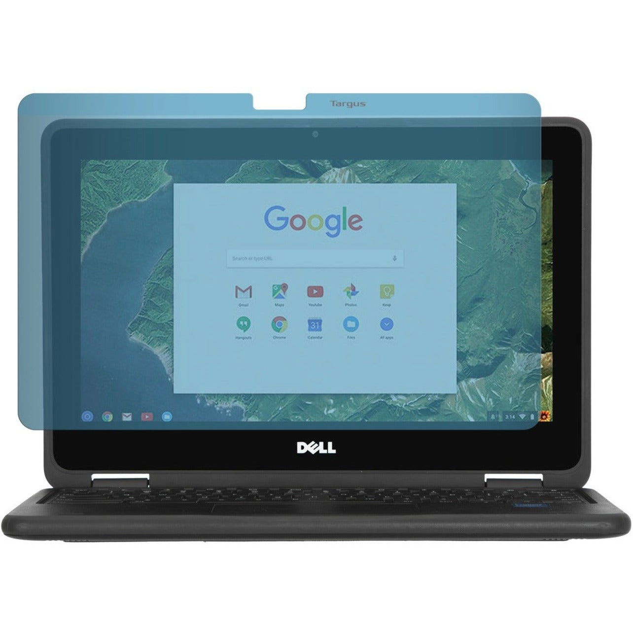 Targus blue light filter screen protector installed on Dell Chromebook 3189 displaying Google Chrome OS interface with anti-glare properties visible-alternate-image1