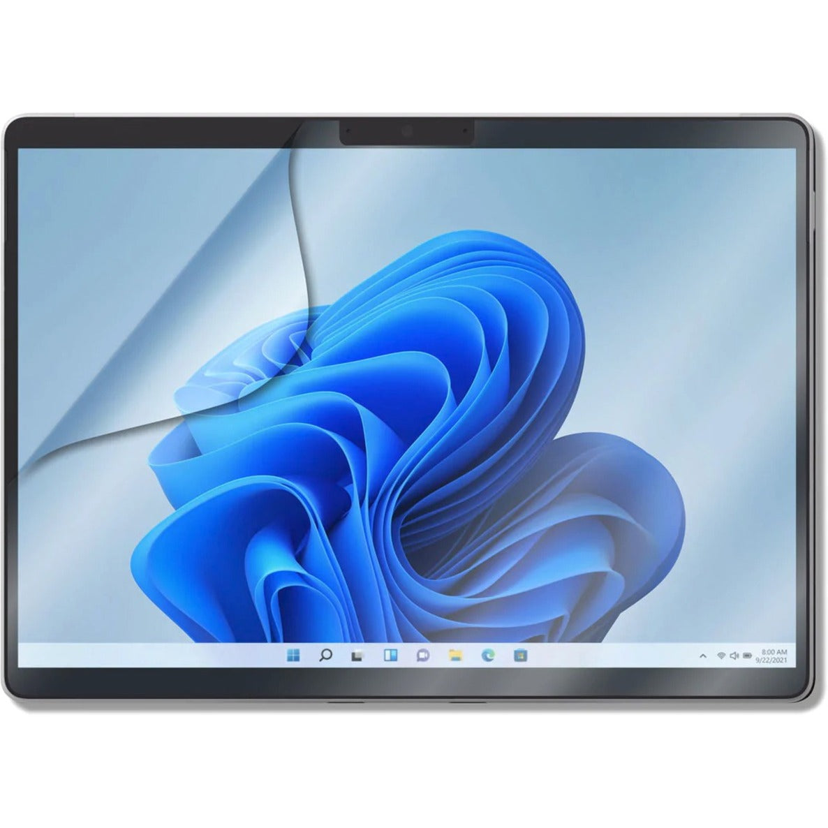 Targus antimicrobial screen protector installed on Microsoft Surface Pro 8 tablet displaying Windows 11 blue logo wallpaper-alternate-image1