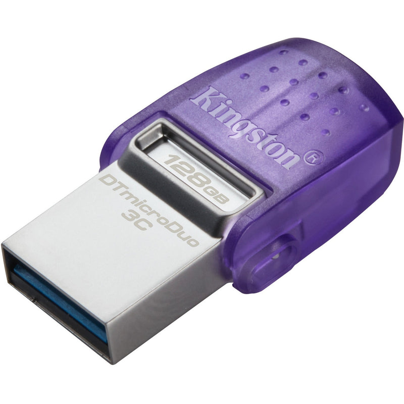 Close-up view of Kingston DataTraveler microDuo 3C USB drive showing USB-A connector and purple protective cap