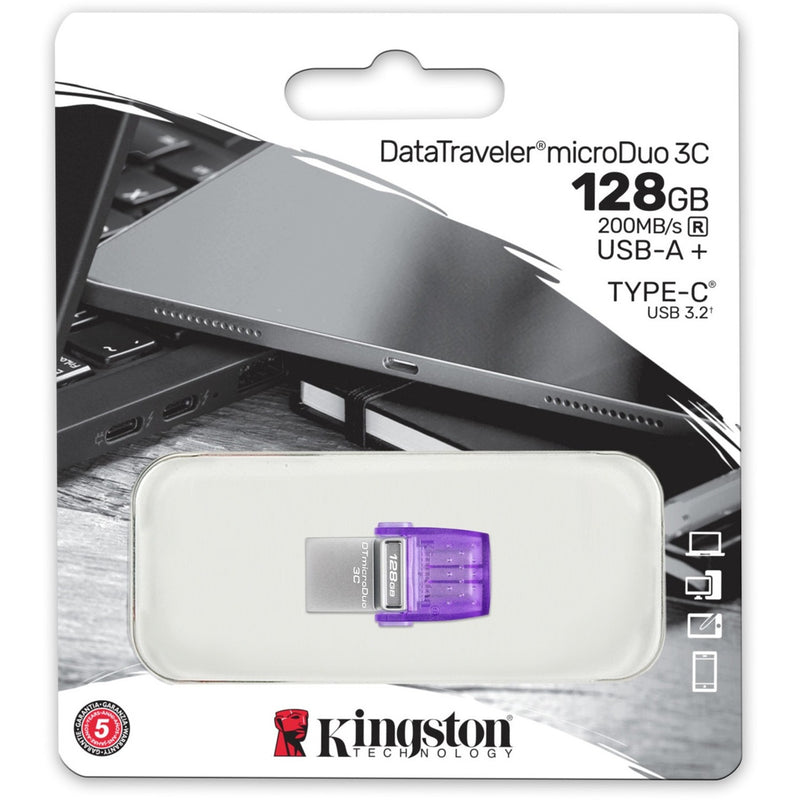 Kingston DataTraveler microDuo 3C retail packaging showing device compatibility and specifications