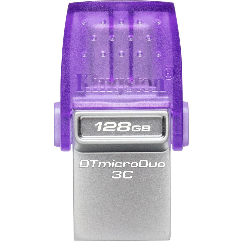 Top view of Kingston DataTraveler microDuo 3C showing textured purple cap and 128GB capacity marking