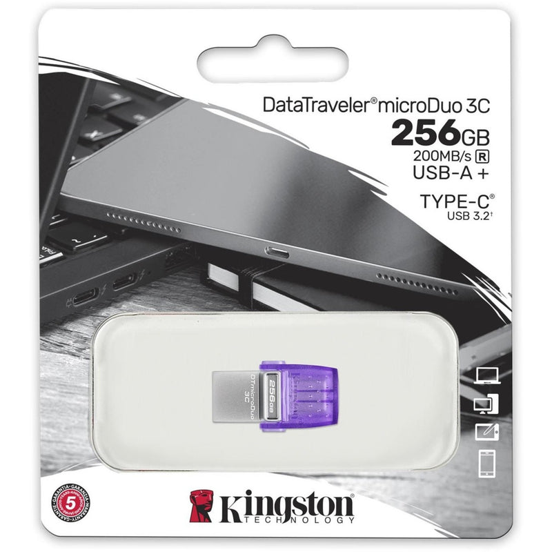 Kingston DataTraveler microDuo 3C retail packaging showing specifications and device compatibility