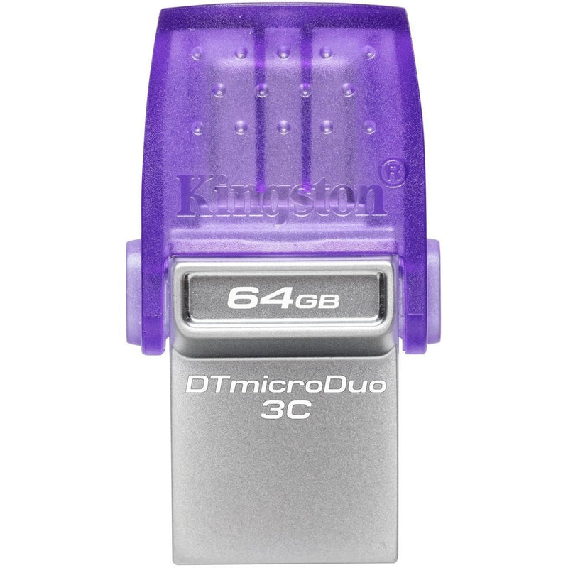 Top view of Kingston DataTraveler microDuo 3C showing textured purple cap with Kingston logo and 64GB capacity marking