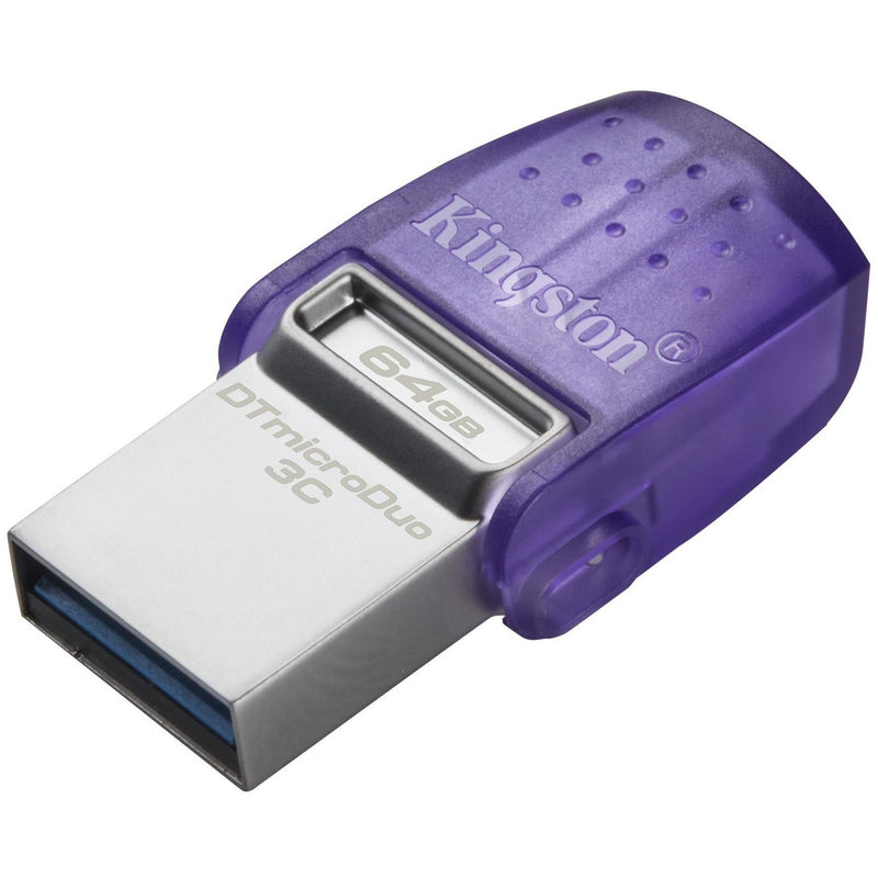 Kingston DataTraveler microDuo 3C USB flash drive showing USB Type-A connector with purple protective cap and 64GB capacity marking