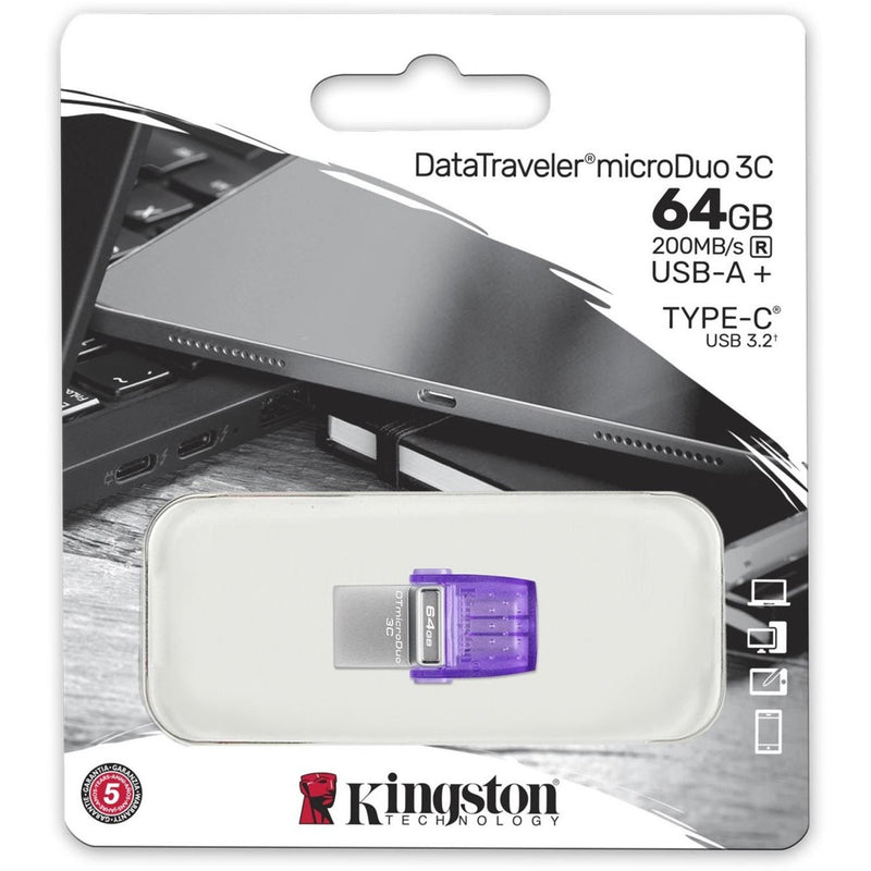 Kingston DataTraveler microDuo 3C retail packaging showing product specifications and warranty information