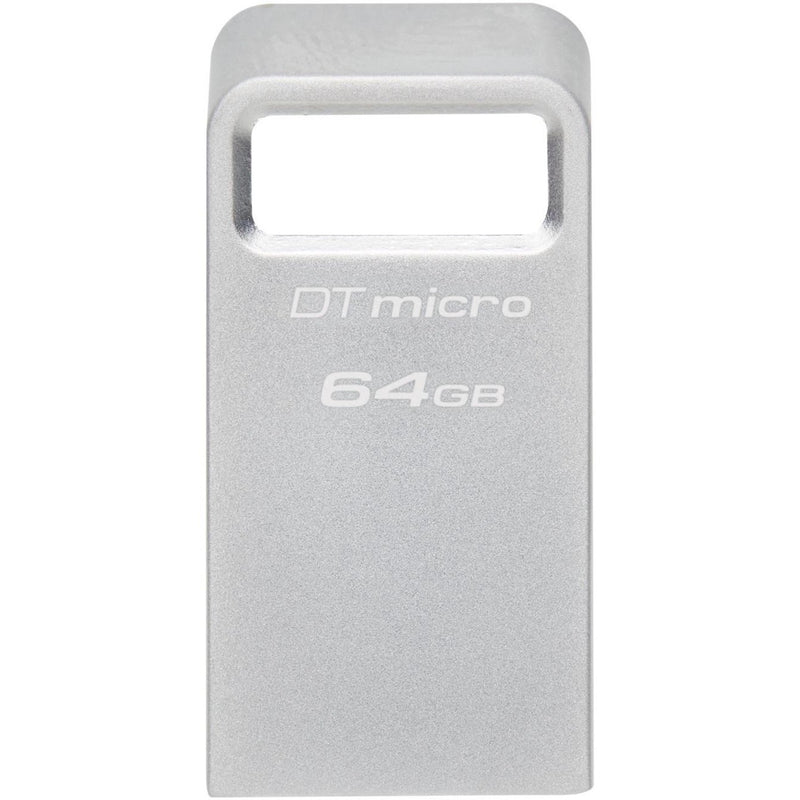 Front view of Kingston DataTraveler Micro showing 64GB capacity marking and brushed metal finish