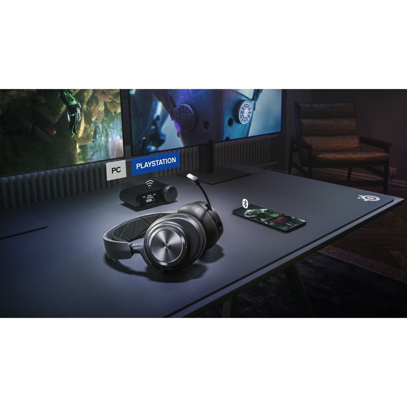 Gaming setup showing SteelSeries Arctis Nova Pro Wireless connected to multiple gaming platforms-alternate-image9