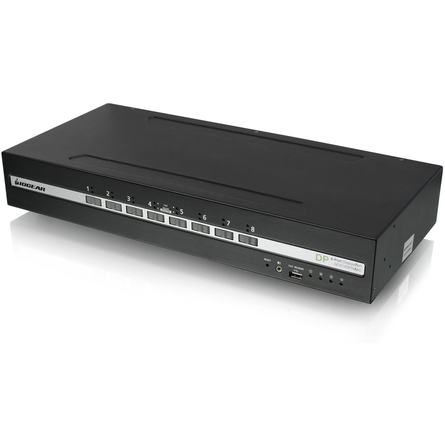 Front view of IOGEAR 8-port secure KVM switch showing numbered port selection buttons and status indicators-alternate-image1