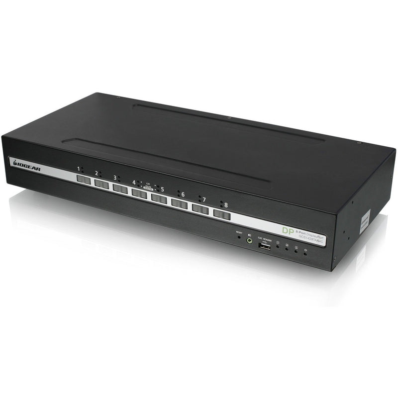 Front view of IOGEAR 8-port secure KVM switch showing numbered port selection buttons and status indicators