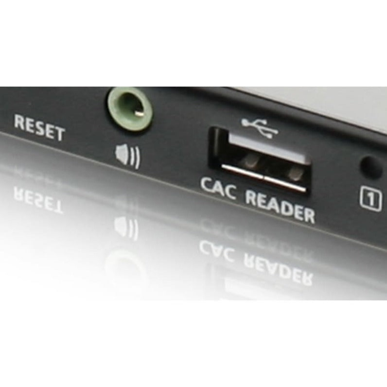 Close-up view of CAC reader port and reset button on IOGEAR secure KVM switch-alternate-image4