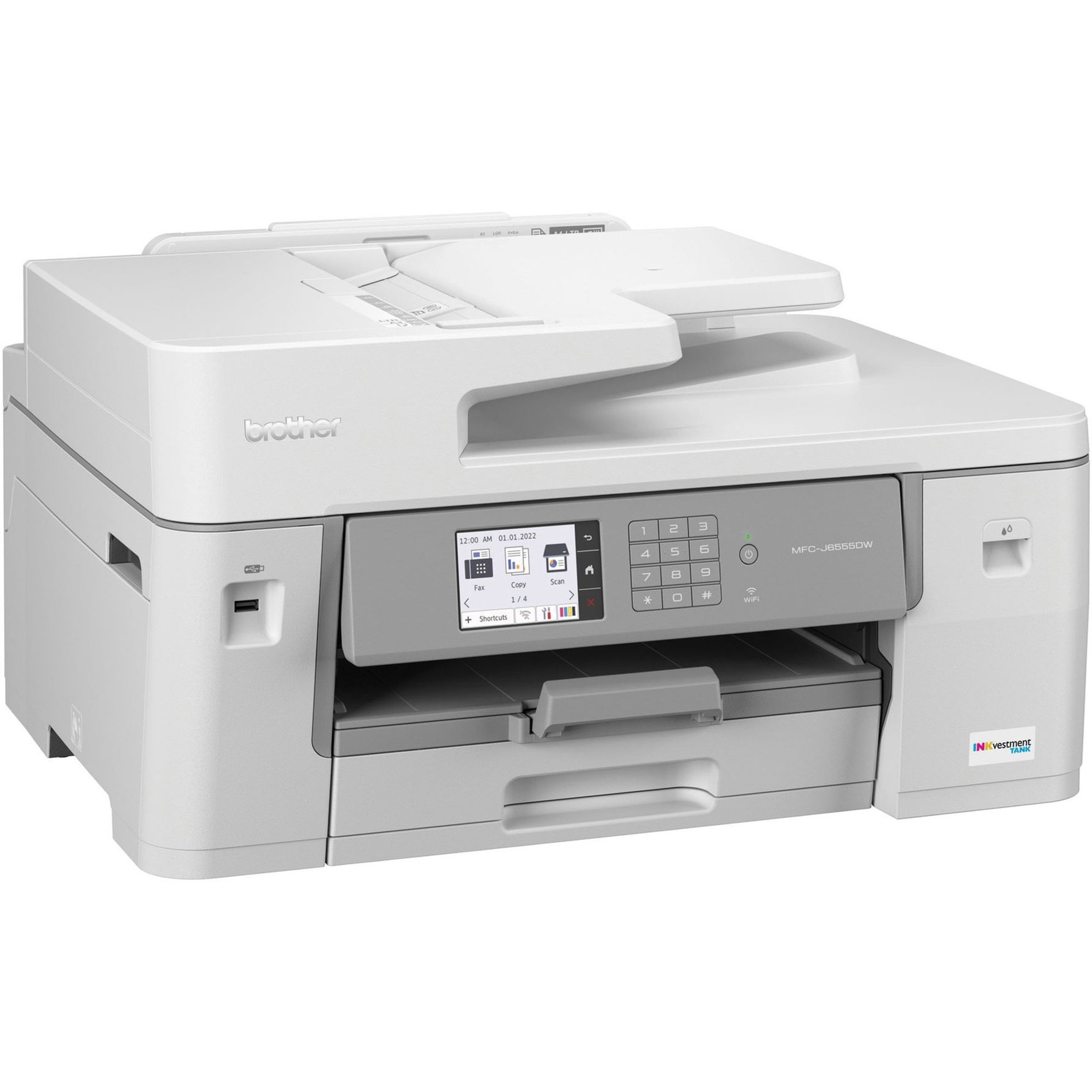 Front view of Brother MFC-J6555DW all-in-one printer showing touchscreen interface and paper trays-alternate-image1