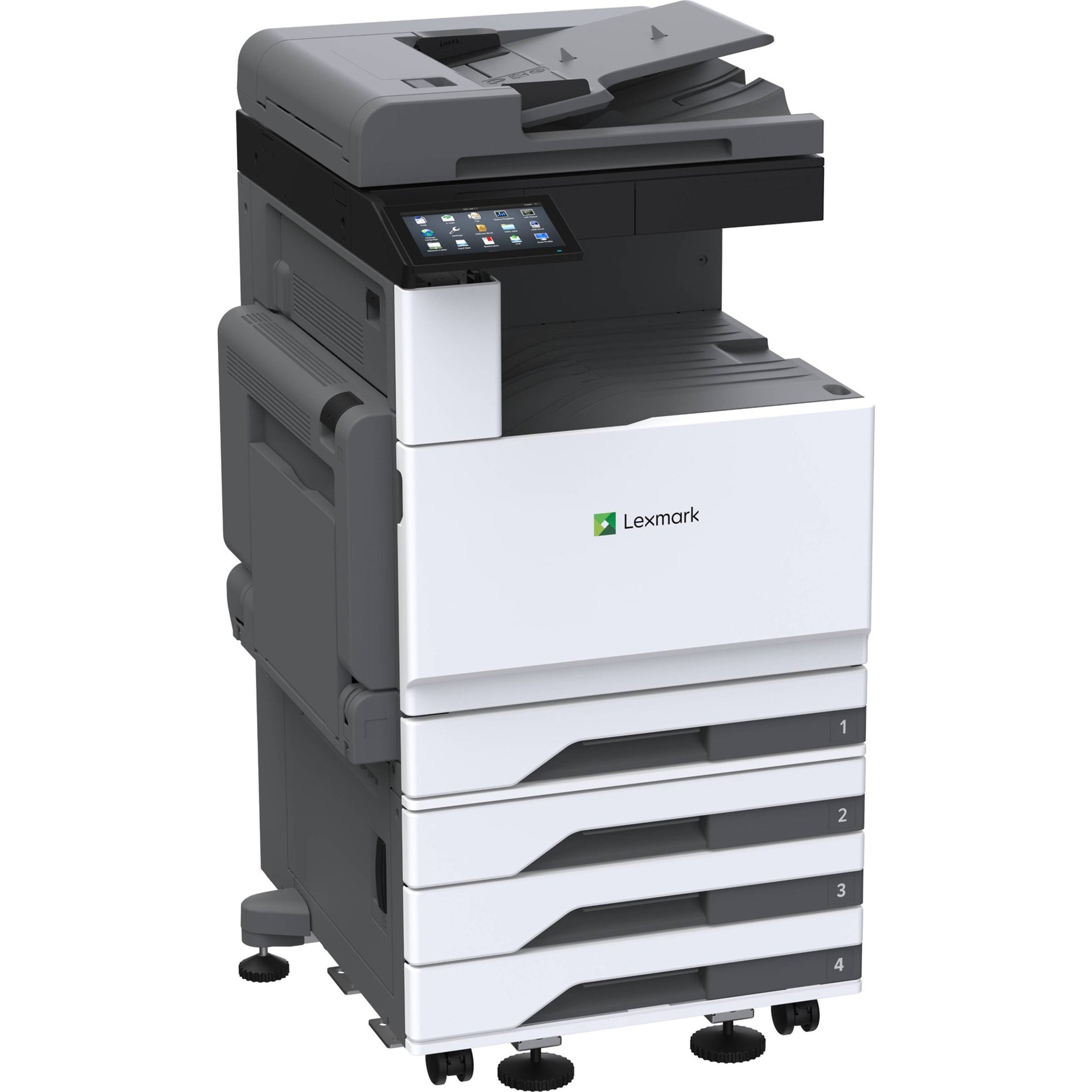 Front view of Lexmark CX931dtse multifunction printer showing multiple paper trays, touchscreen interface, and document feeder-alternate-image1