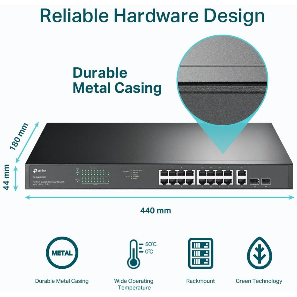 TP-Link TL-SG1218MP JetStream Interrupteur Rackmount 18 Ports Gigabit avec 16 PoE+ 250W Budget PoE