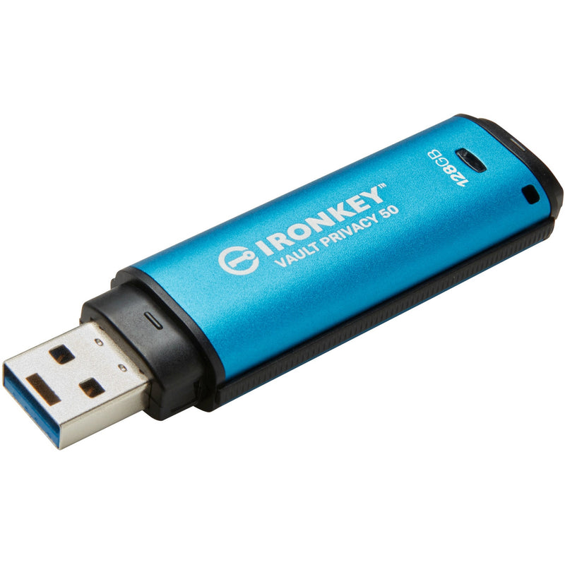 IronKey Vault Privacy 50 USB drive with exposed USB 3.2 connector showing blue metallic finish