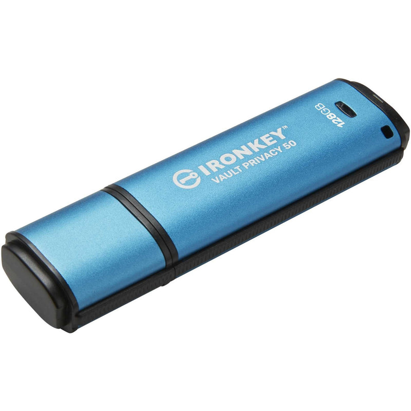 IronKey Vault Privacy 50 USB drive in metallic blue with black end caps and white branding