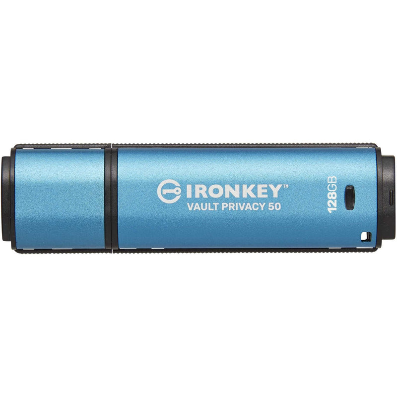 Top view of IronKey Vault Privacy 50 showing blue aluminum body with capacity marking