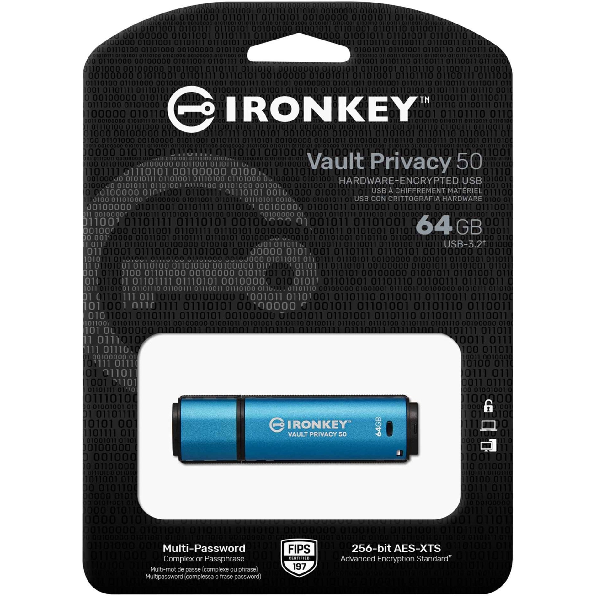 IronKey IKVP50/64GB Vault Privacy 50 Series 64GB USB 3.2 (Gen 1) Type A Flash Drive, Password Protected, 256-bit AES Encryption