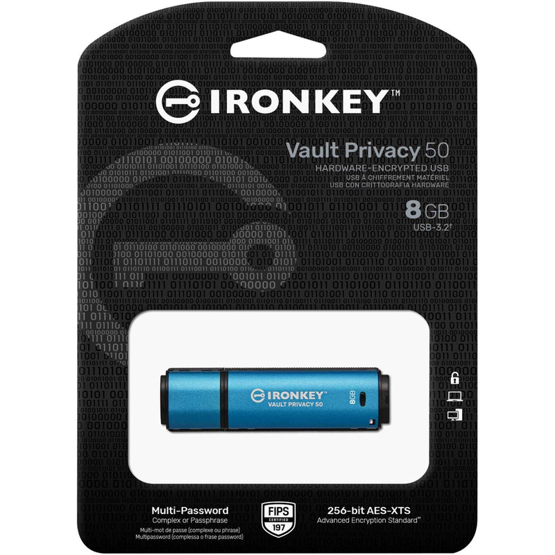 IronKey Vault Privacy 50 retail packaging showing security features and FIPS certification