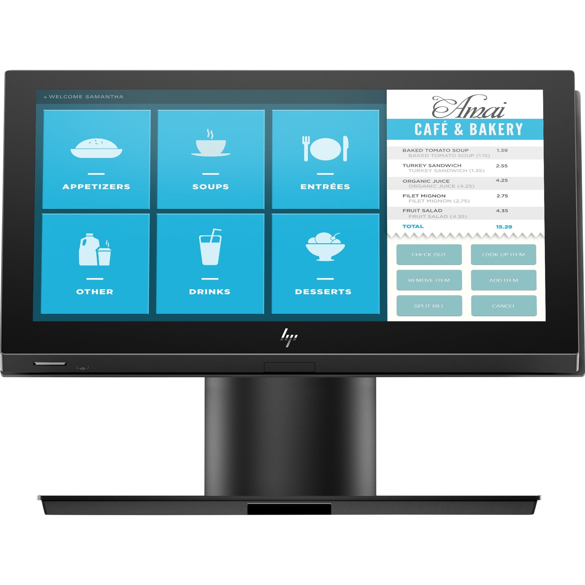 HP POS terminal displaying restaurant menu interface with food and beverage categories in blue tiles and order details-alternate-image1