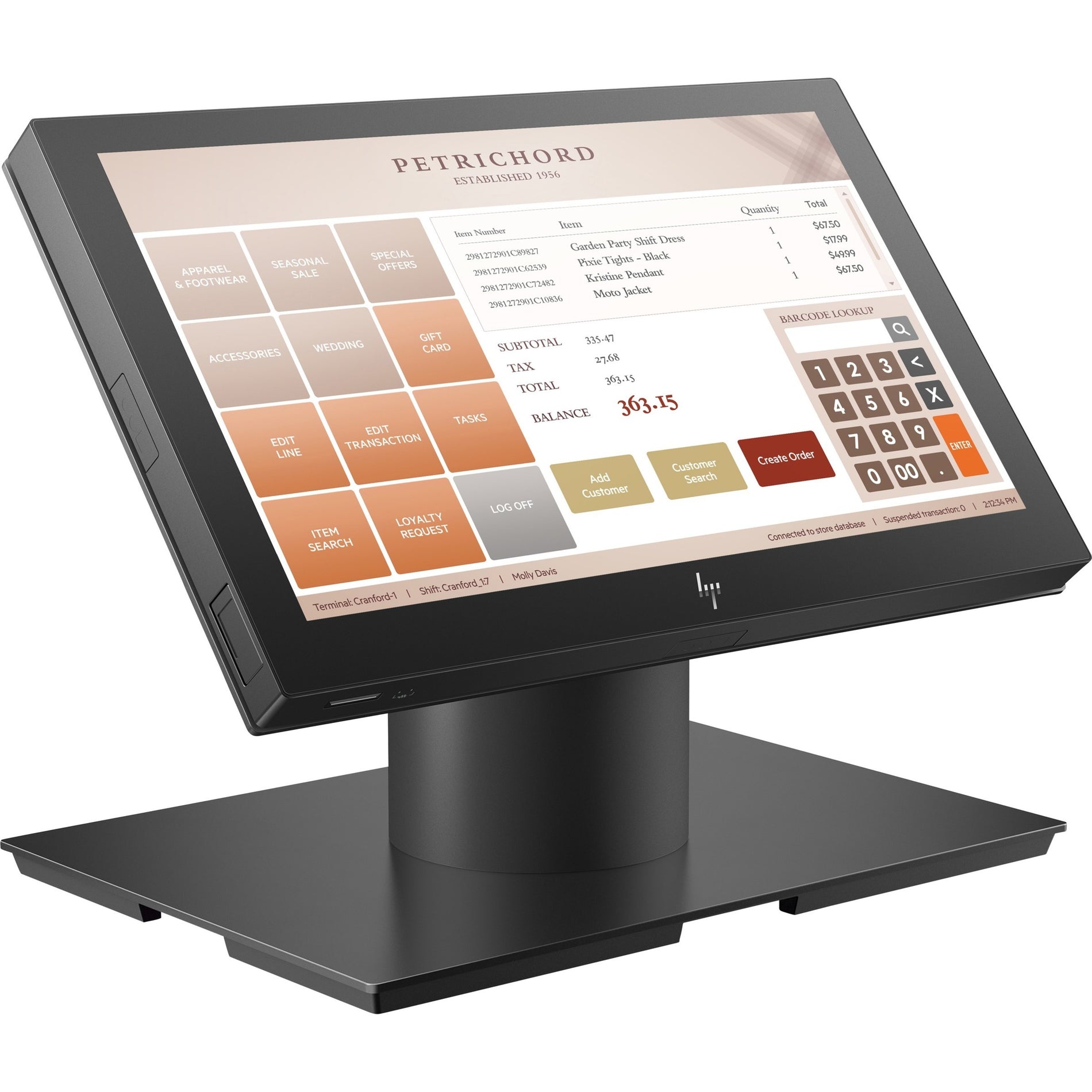 HP POS terminal displaying retail transaction interface with product categories and number pad-alternate-image5