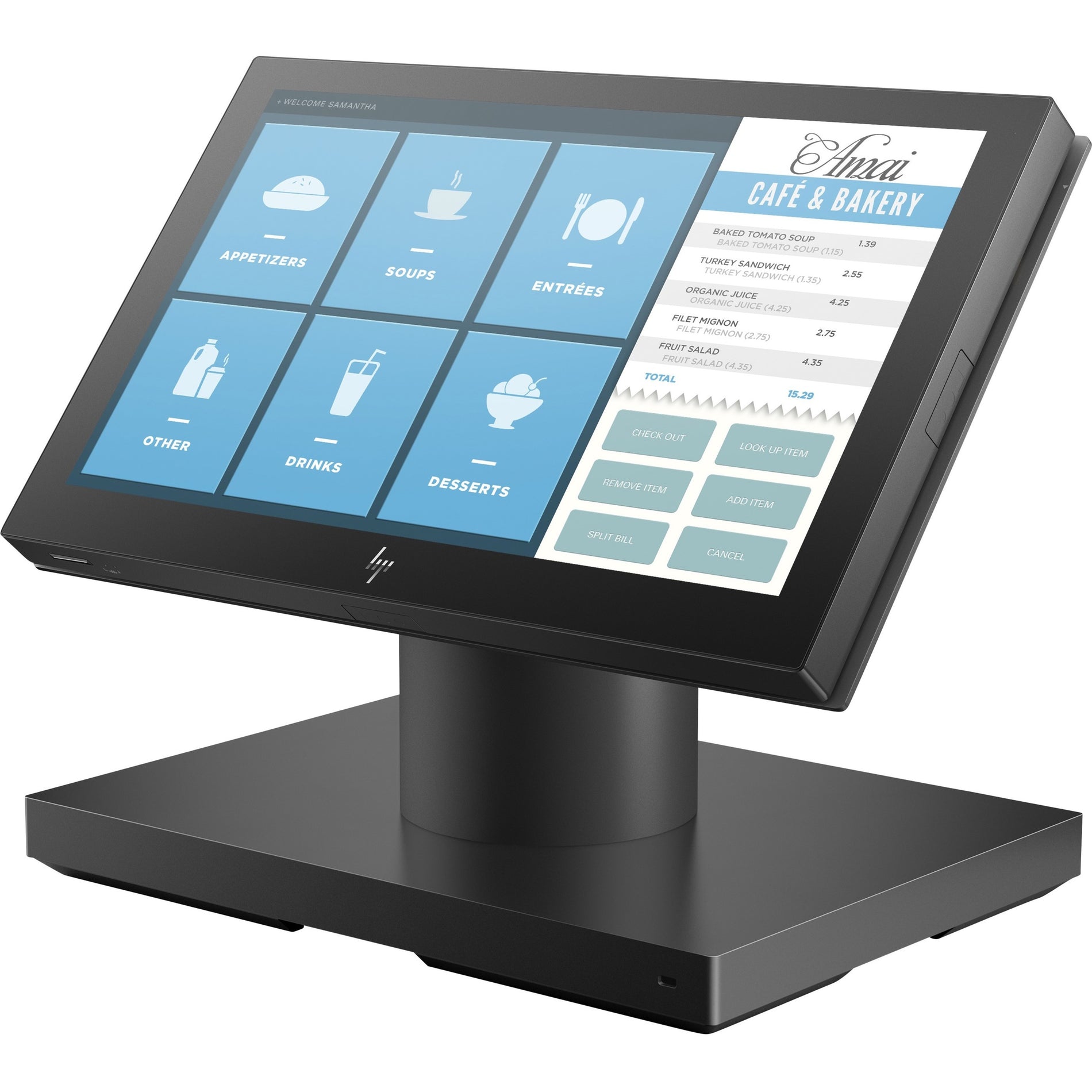 HP POS terminal with restaurant menu interface showing food categories and order options-alternate-image4