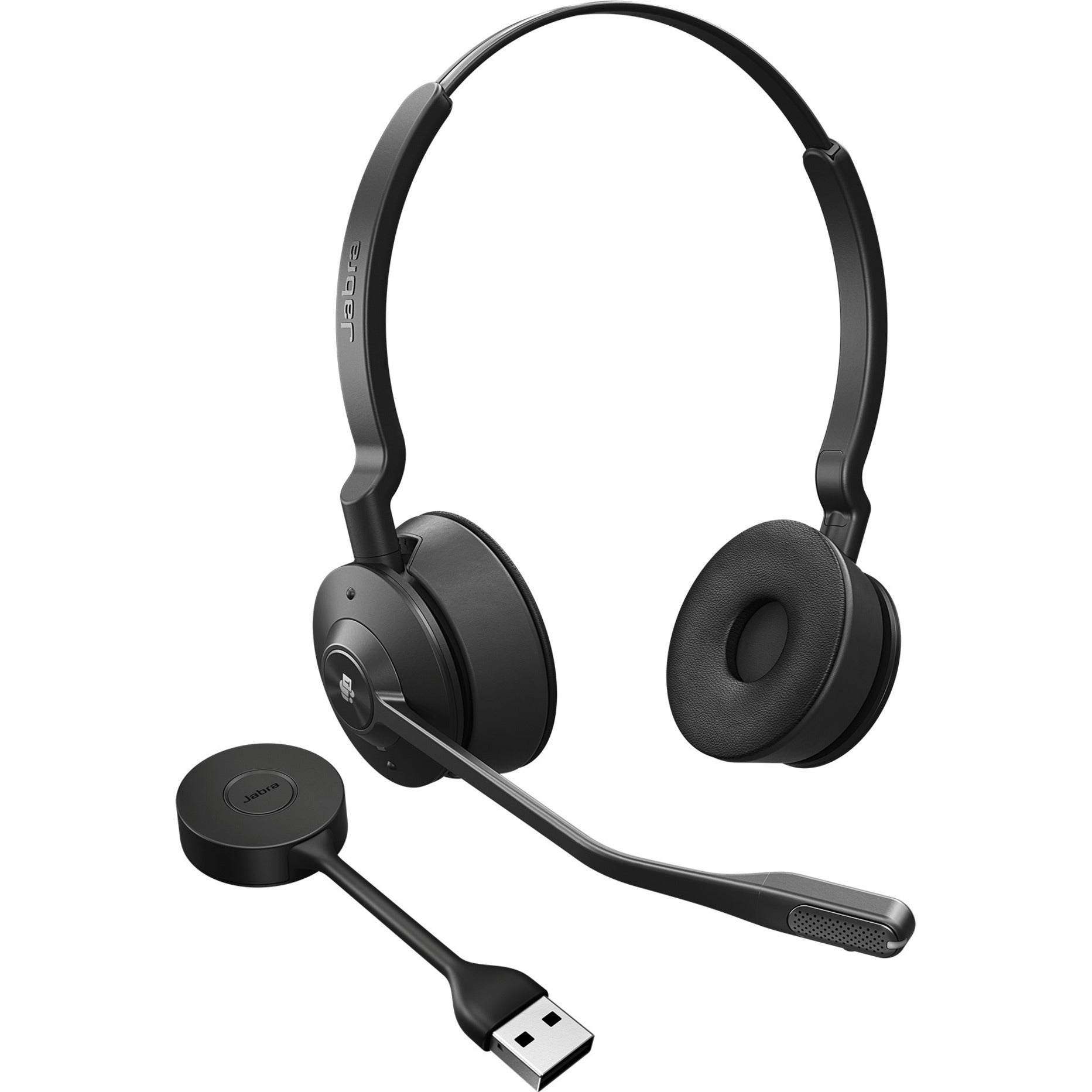 Jabra Engage 55 wireless DECT headset with USB adapter showing stereo earpieces and noise-canceling boom microphone-alternate-image1