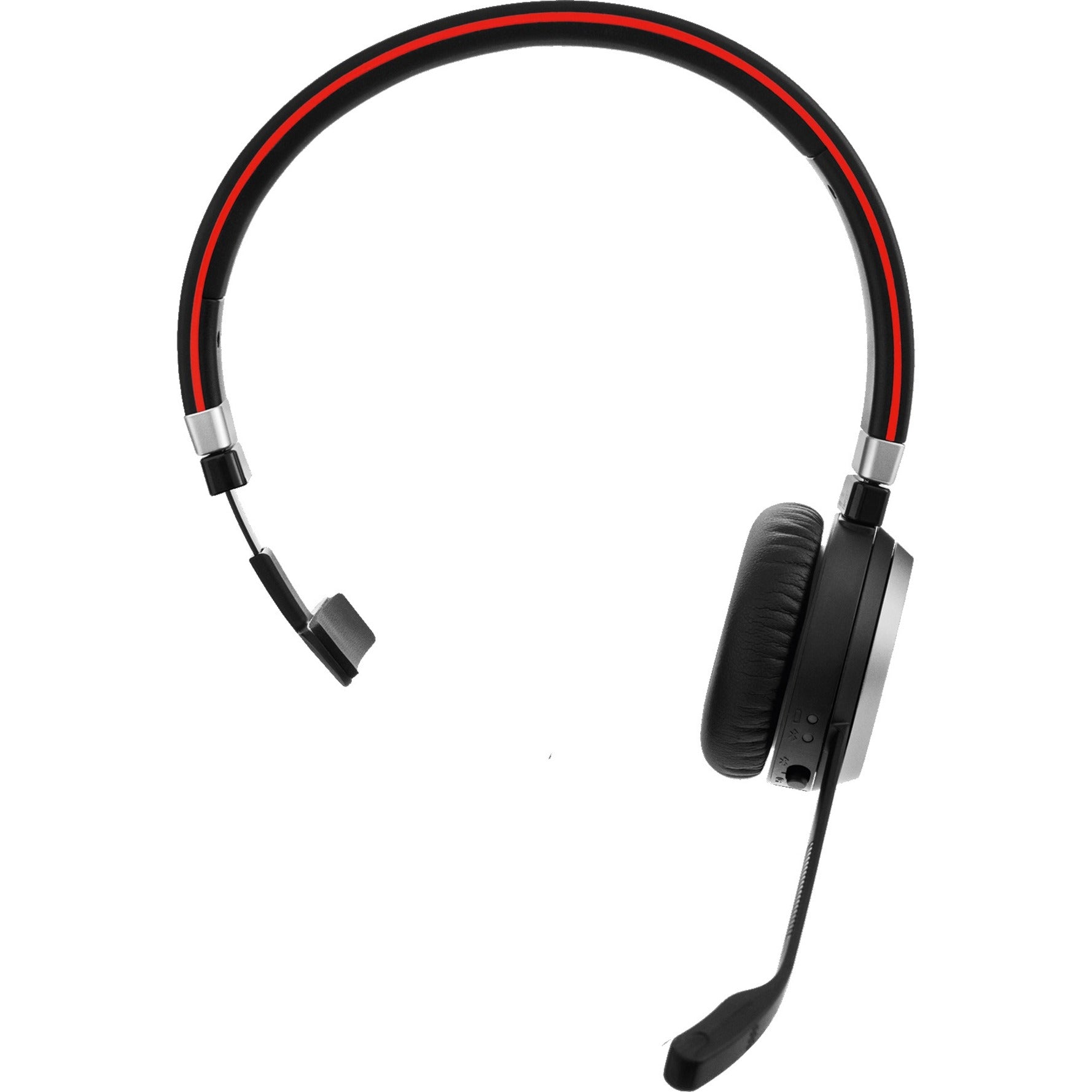 Side view of Jabra Evolve 65 headset highlighting the flexible boom microphone and mono earpiece design-alternate-image2