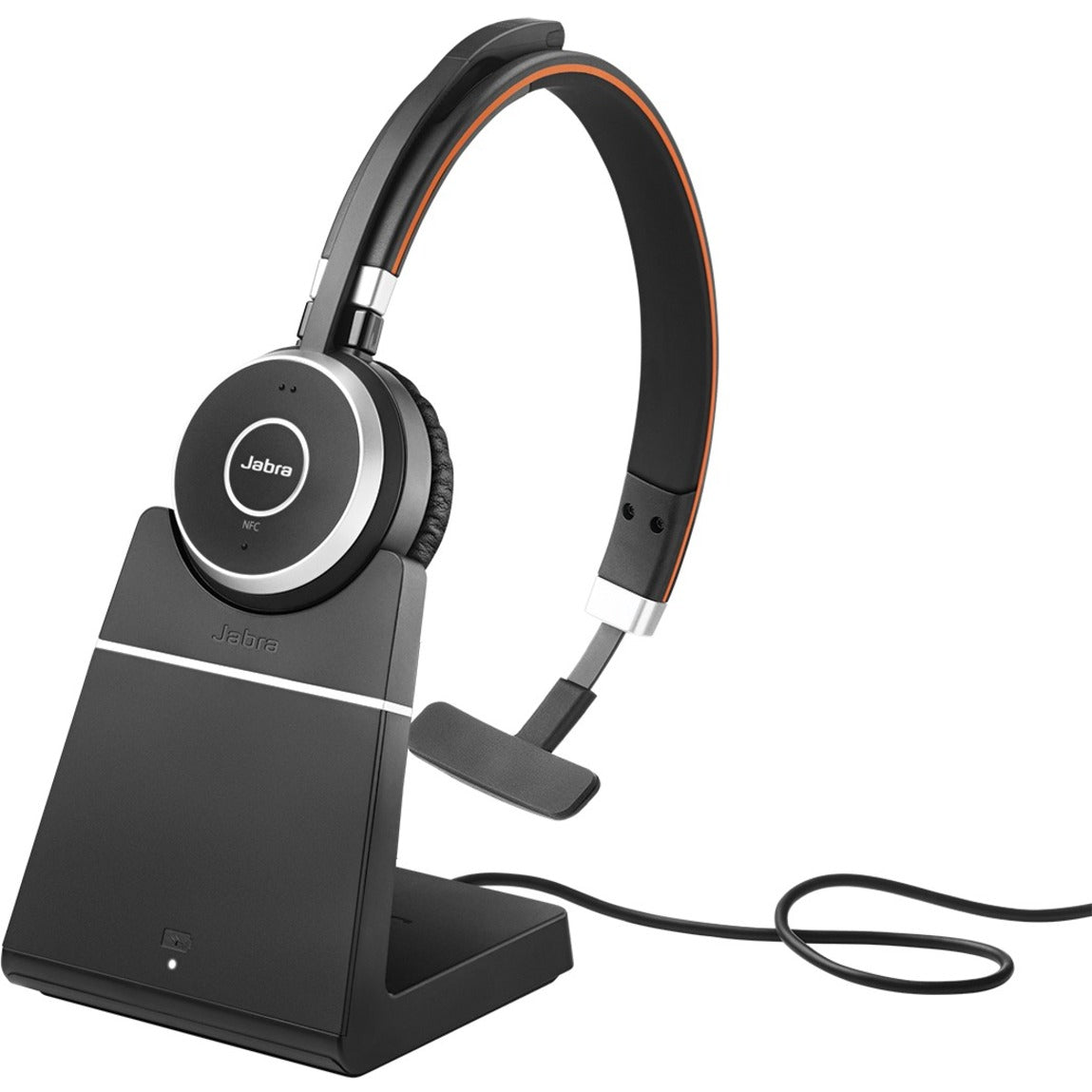 Jabra Evolve 65 headset on its charging dock station with cable management system-alternate-image3