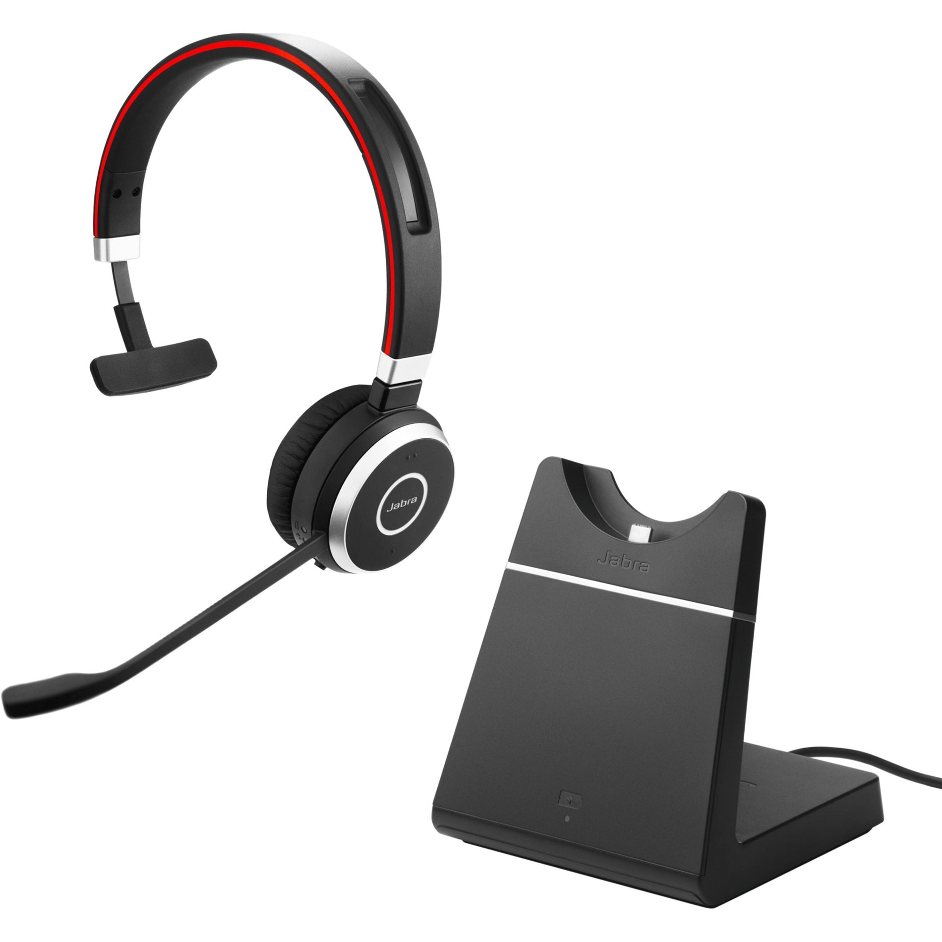 Jabra Evolve 65 wireless headset with charging stand showing mono headset design and charging base-alternate-image1