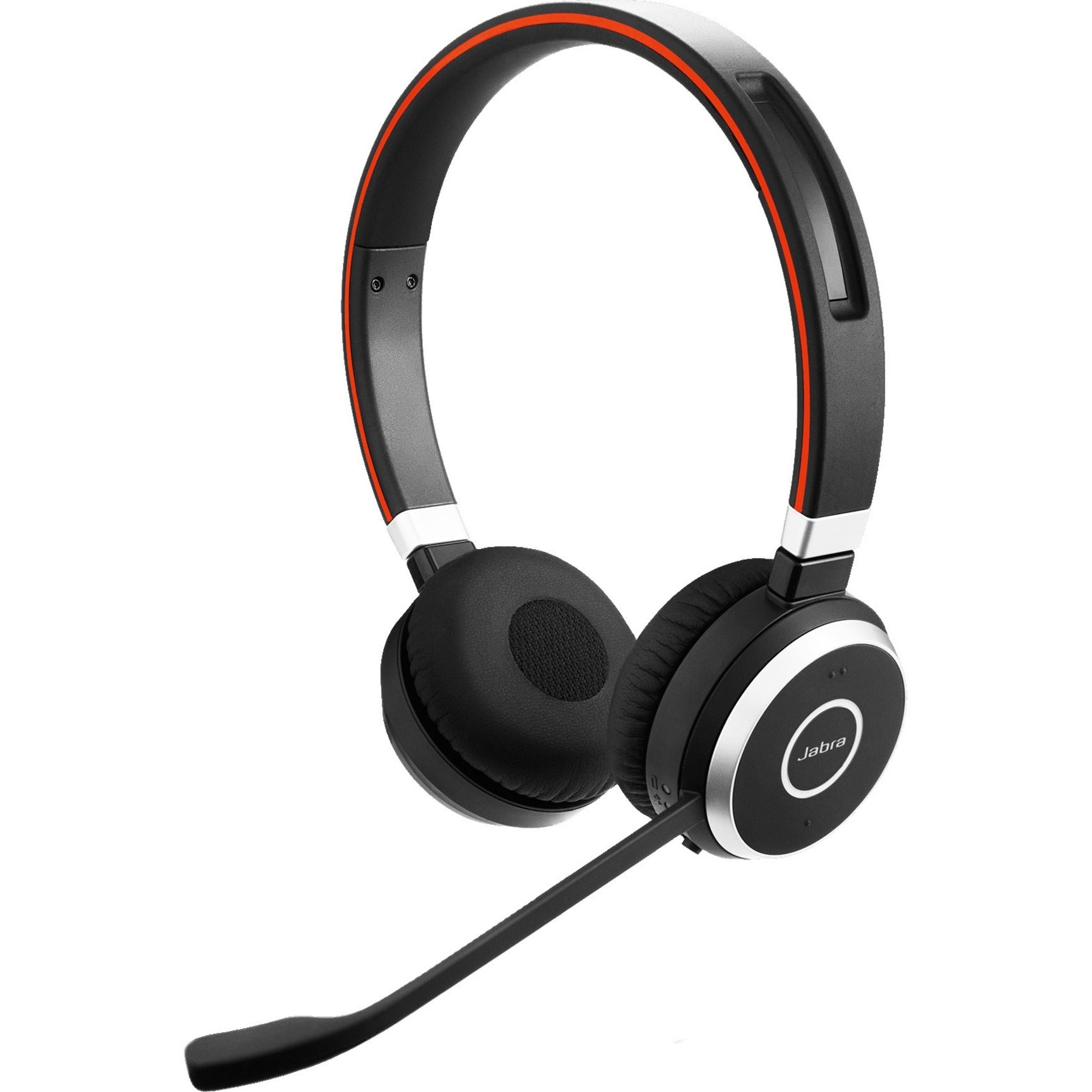 Jabra Evolve 65 wireless headset with boom microphone showing side view of black and red design with silver accents-alternate-image1