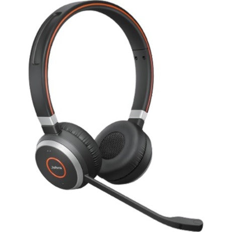 Angled view of Jabra Evolve 65 headset showing microphone positioning and ear cup design-alternate-image3