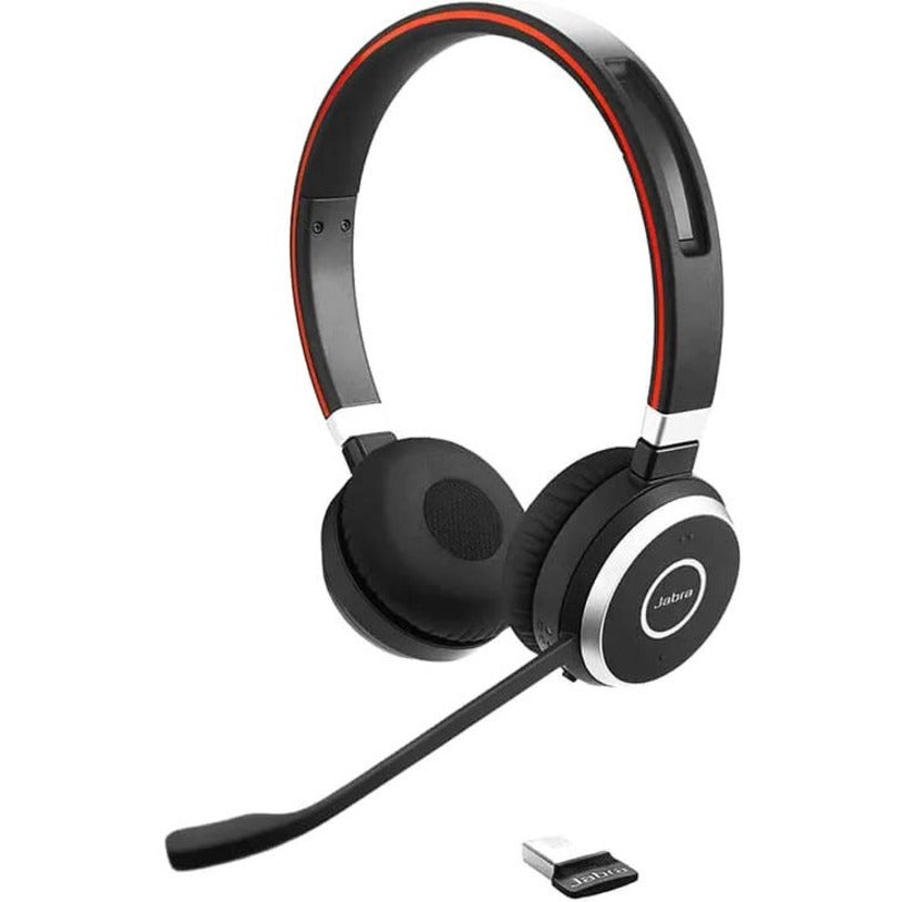 Jabra Evolve 65 wireless headset with boom microphone and USB adapter shown in black with red accent trim-alternate-image1