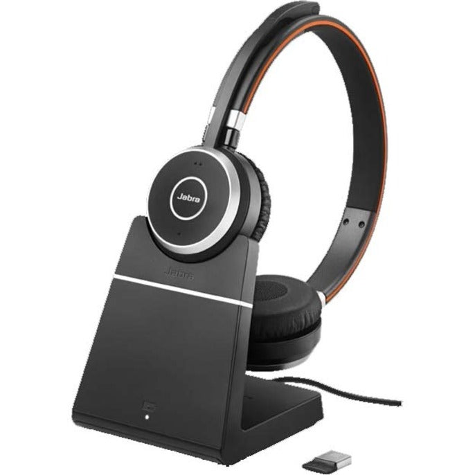 Jabra Evolve 65 headset on charging stand with USB adapter-alternate-image7