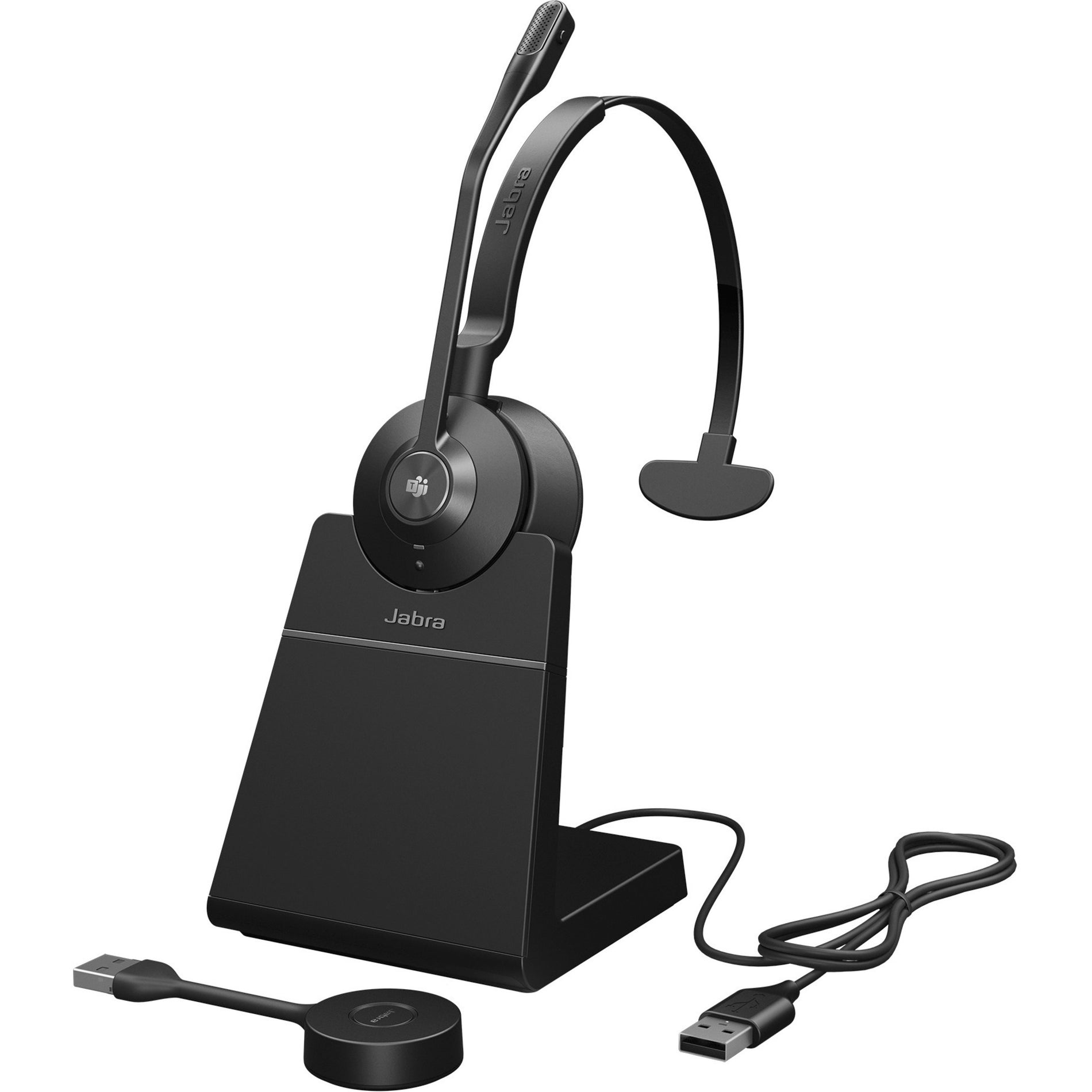 Jabra Engage 55 wireless headset with charging stand and USB adapter on white background-alternate-image1