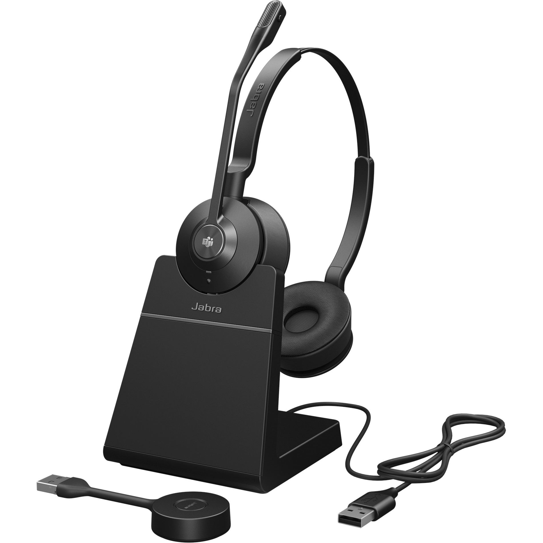 Jabra Engage 55 wireless headset with charging stand and USB adapter displayed on desk-alternate-image1