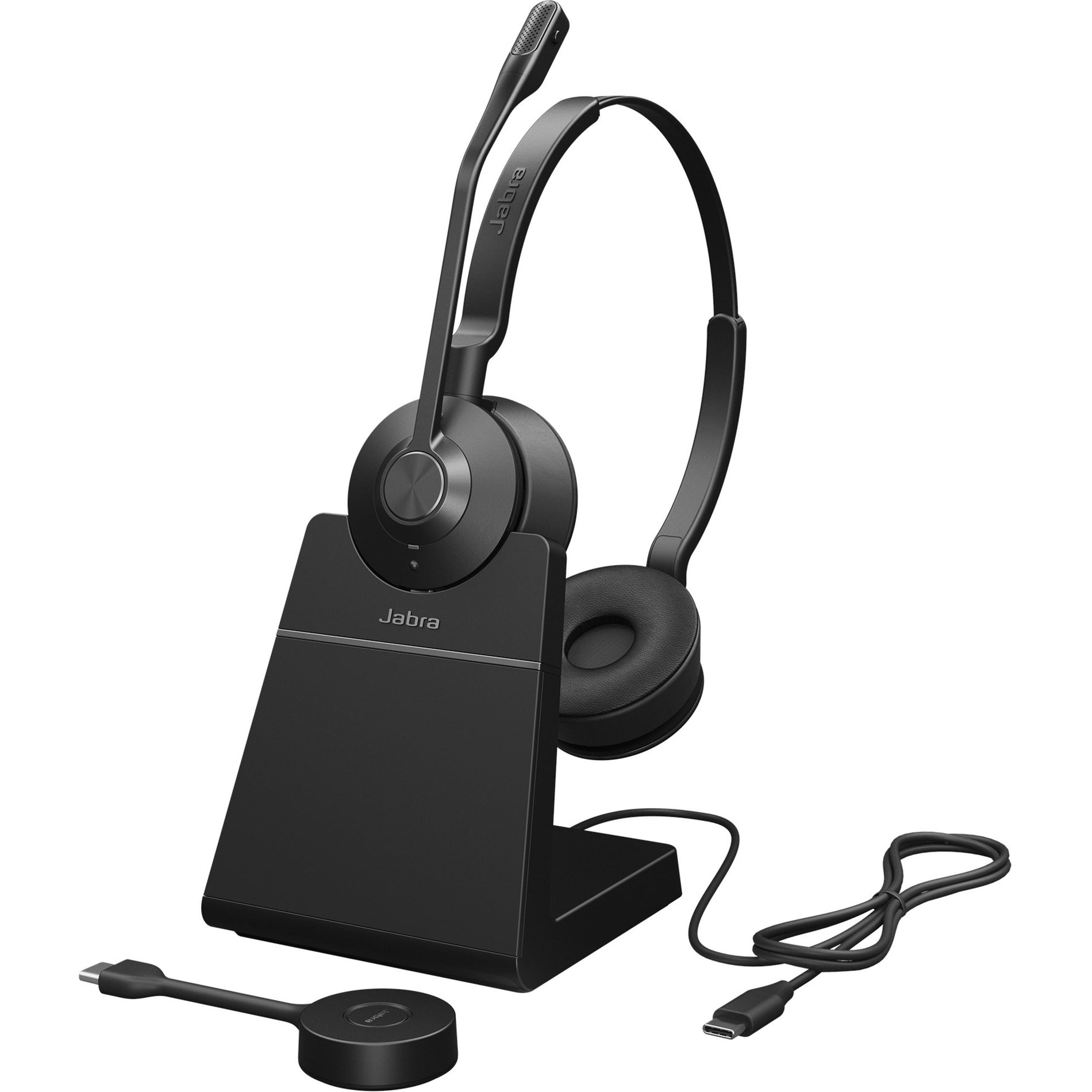 Jabra Engage 55 wireless headset on charging stand with USB adapter and connection cable-alternate-image1