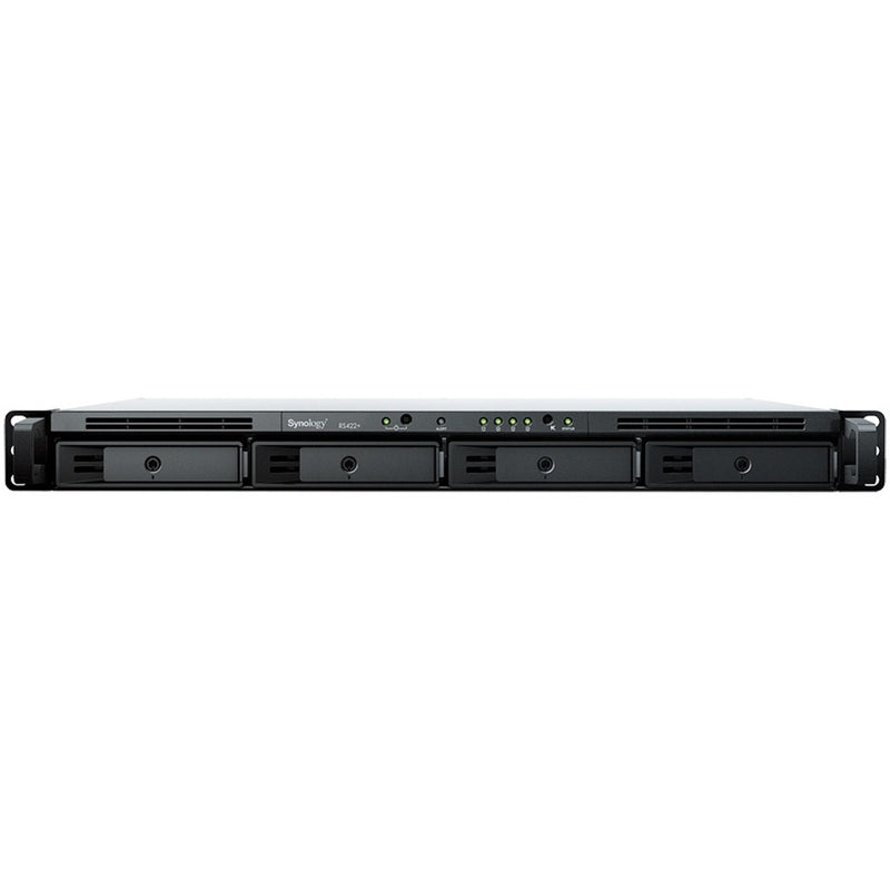 Horizontal view of Synology RS422+ NAS showing slim 1U profile and drive bay arrangement