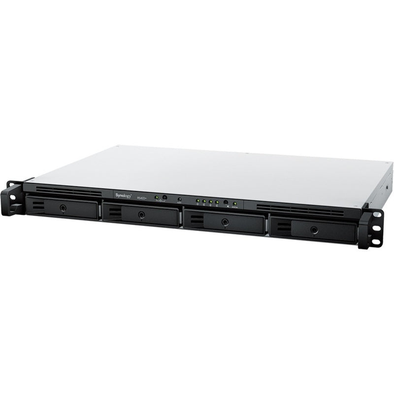 Front view of Synology RS422+ 4-bay rackmount NAS with hot-swappable drive bays and LED indicators