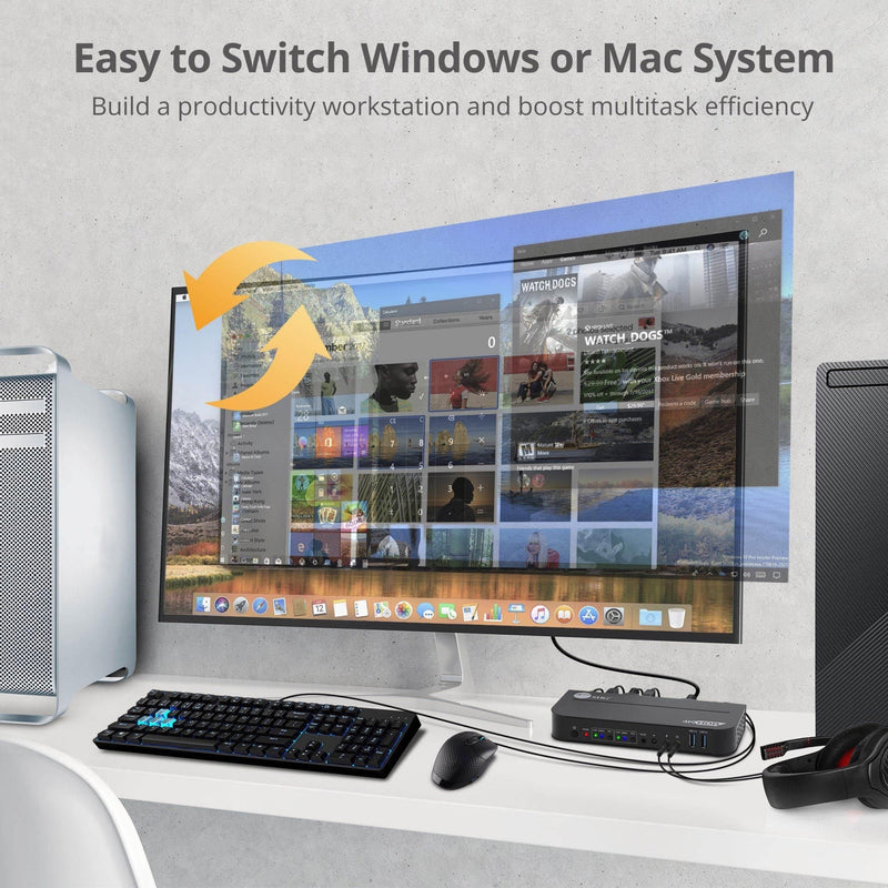 Cross-platform functionality demonstrated with Windows and Mac systems connected to the KVM switch