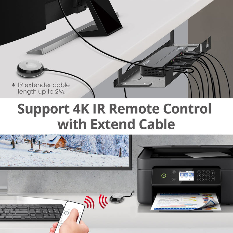 Demonstration of IR extender cable installation and remote control functionality with the KVM switch