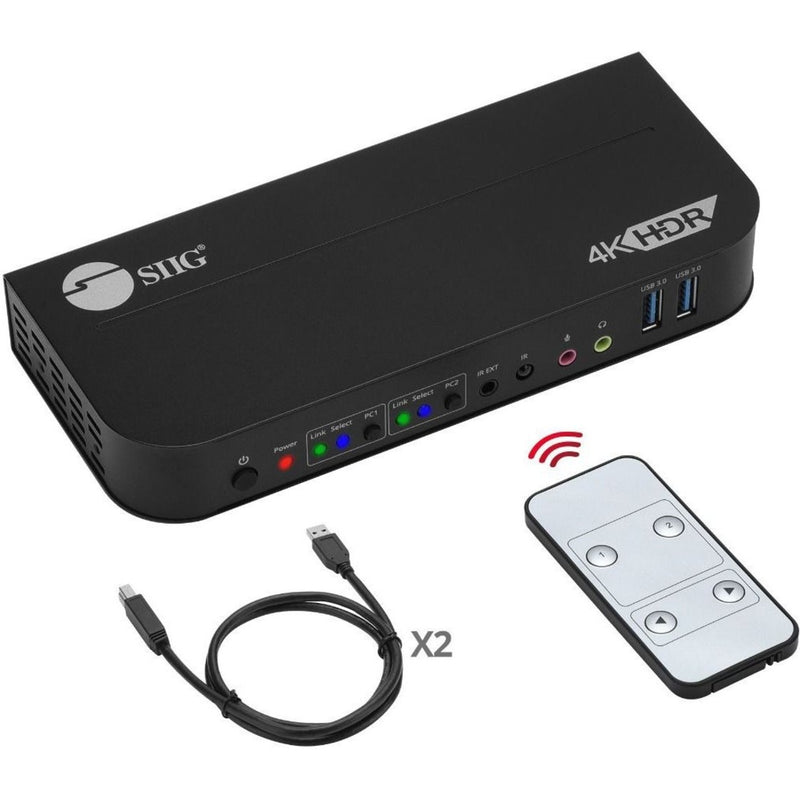 SIIG 2x1 DisplayPort 4K KVM switch with USB 3.0 ports and remote control shown with connection cables