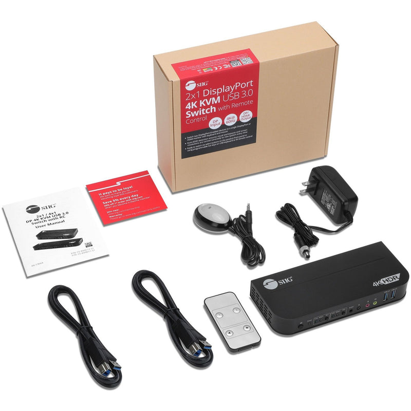 Complete package contents of SIIG KVM switch including cables, remote, power adapter, and user manual