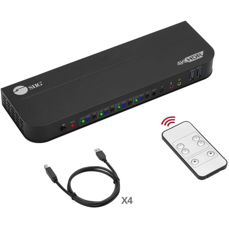 SIIG 4x1 DisplayPort KVM switch with USB 3.0 ports and remote control shown with connection cables