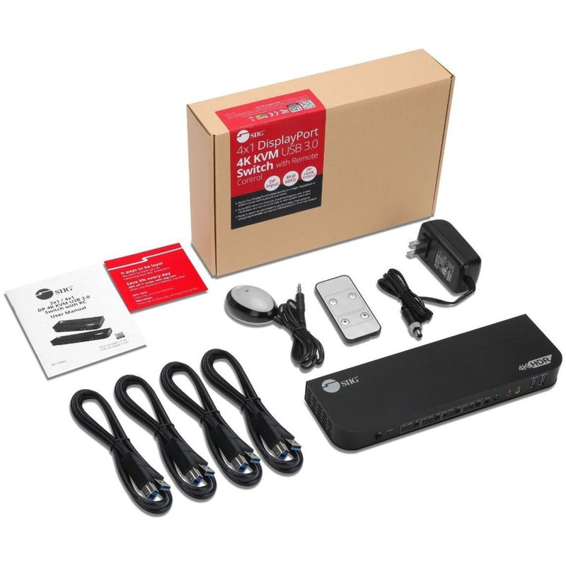 Complete package contents of SIIG KVM switch including cables, remote, and documentation