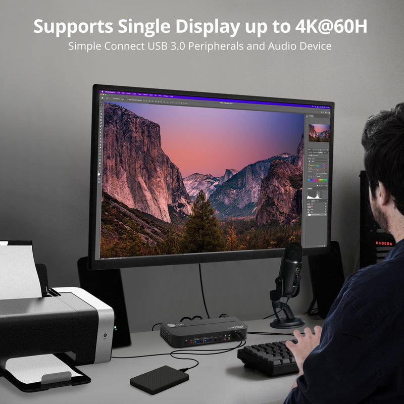 Desktop setup showing 4K display with photo editing software connected through KVM switch