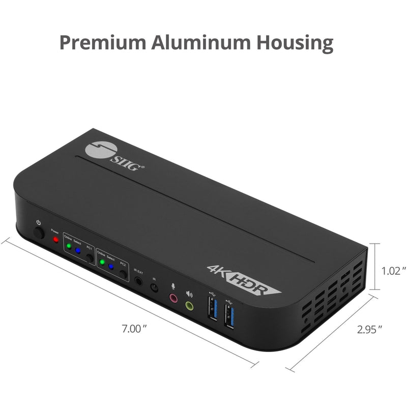 Dimensional view of SIIG KVM switch showing aluminum construction and measurements