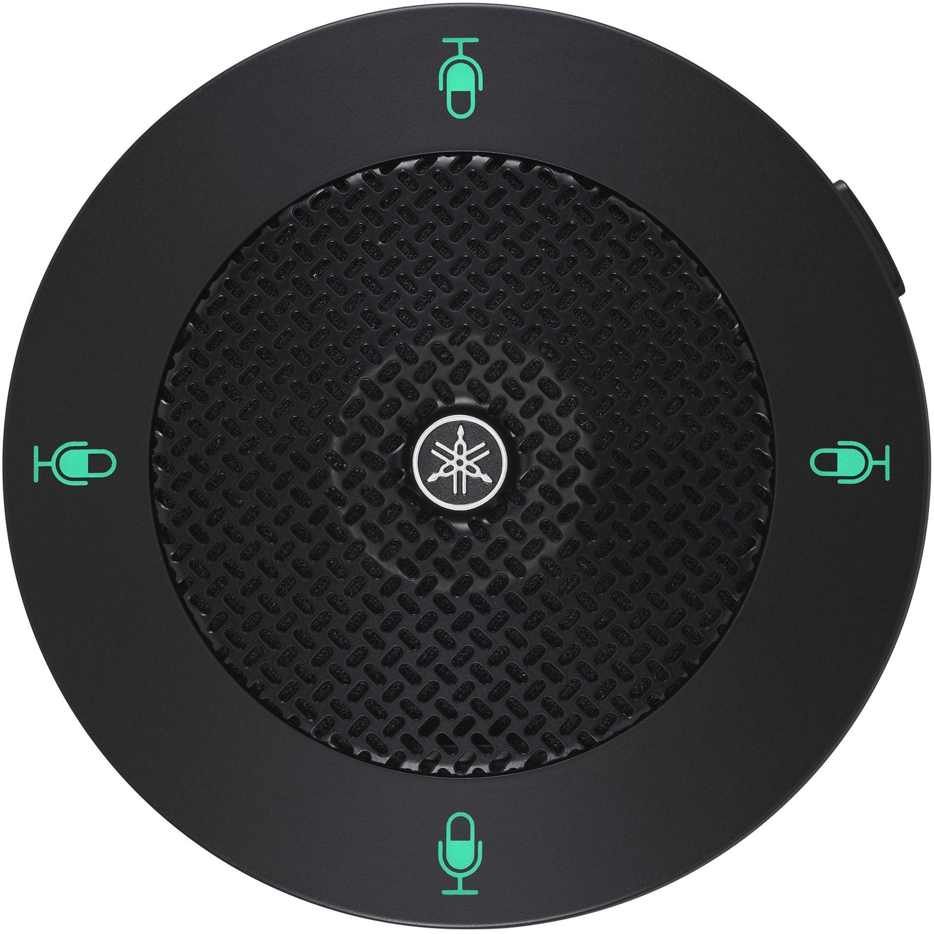 Top view of Yamaha RM-WOM wireless tabletop microphone showing omnidirectional mesh grille and illuminated microphone indicators-alternate-image1