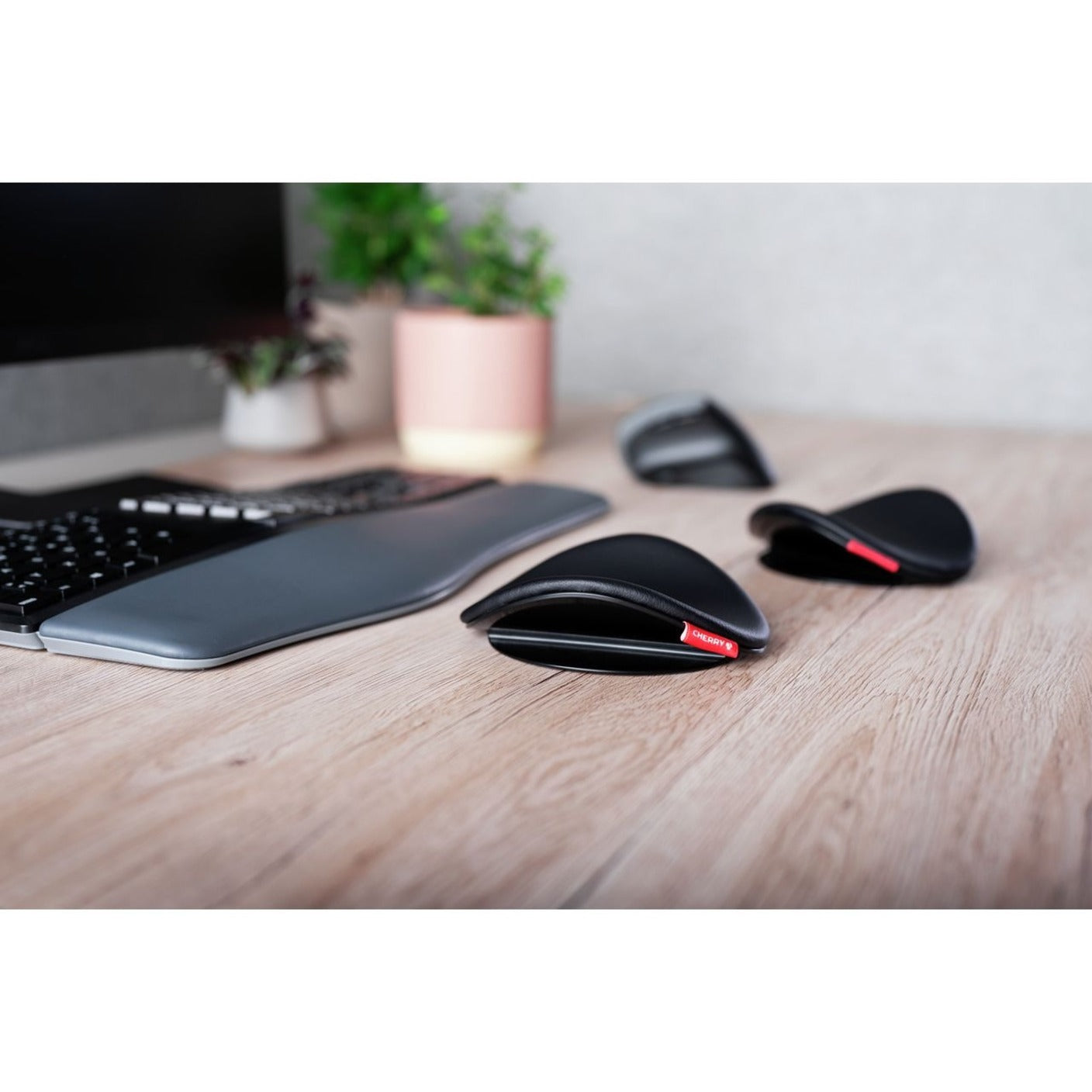 Overhead view of complete desk setup with CHERRY Slidepad Ergo, keyboard, and mouse-alternate-image7